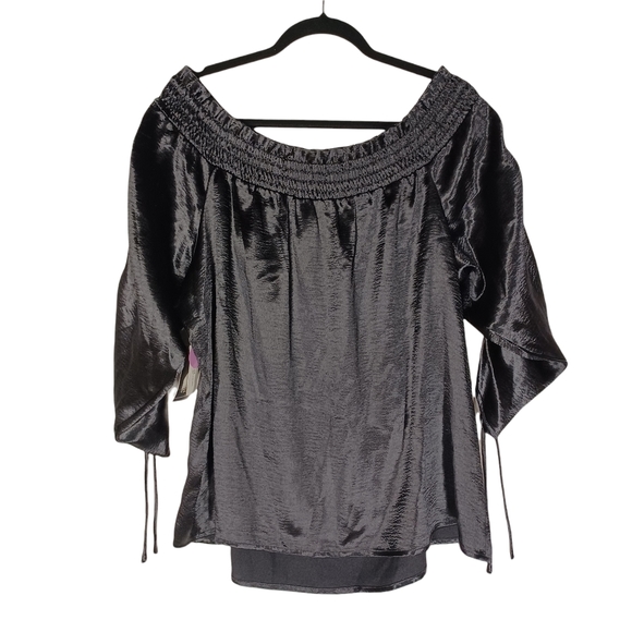 PROJECT RUNWAY Cinch Sleeve Smocked Off The Shoulder Sheen Black Top XL NWT - Picture 3 of 10
